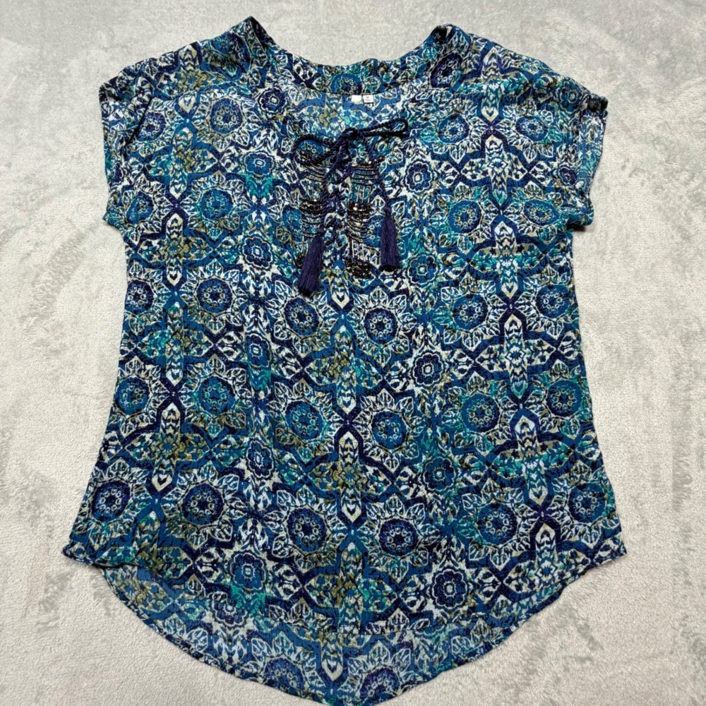 Vintage 2000s Blue Medallion Cotton Blend Boho Lace Up Beaded Blouse Size M L